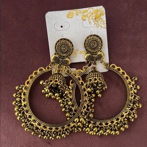 Gold Ornate Hoop Earrings with Beaded Detail